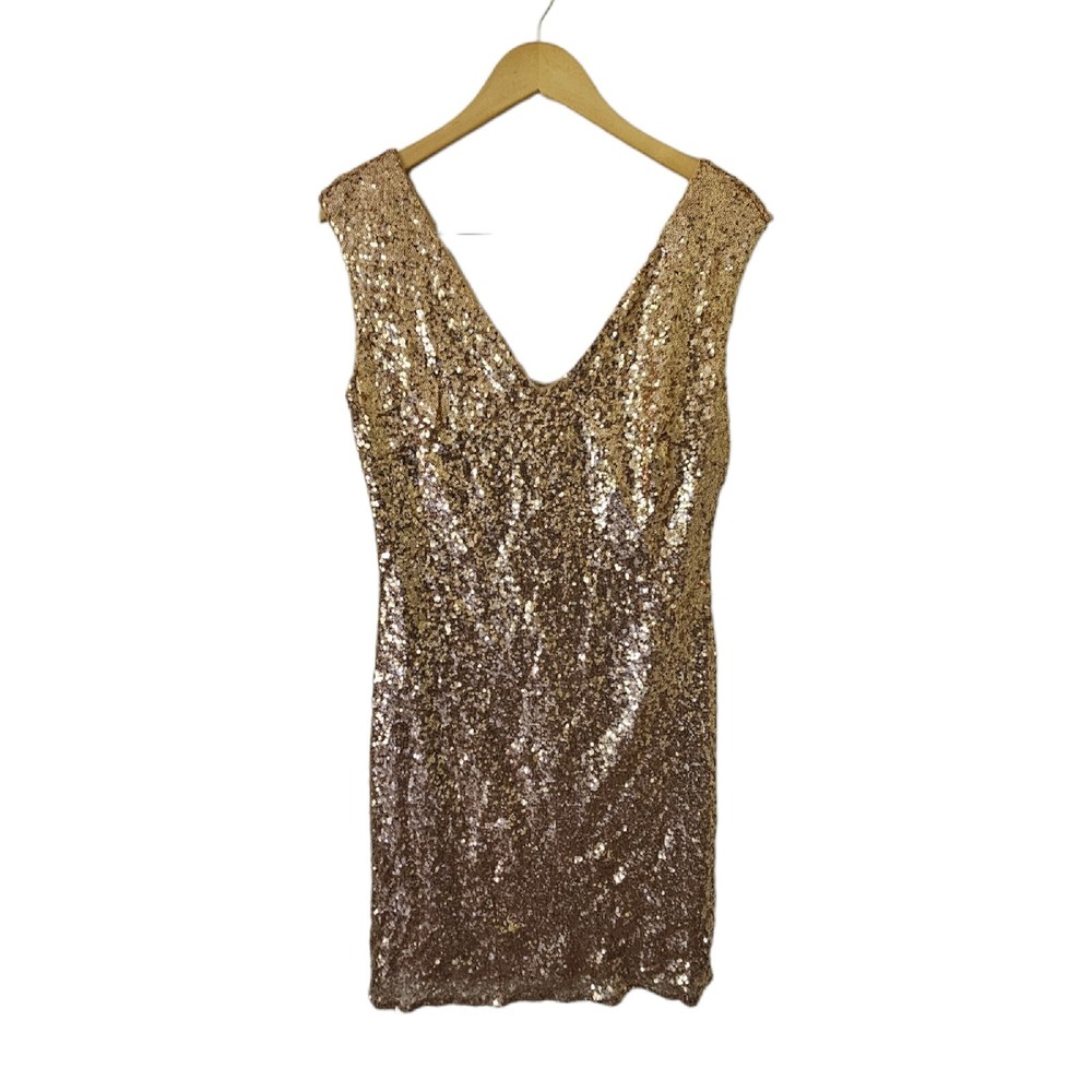 Christina Wu Rose Gold Sequined Formal Evening Mini Cocktail Dress Large